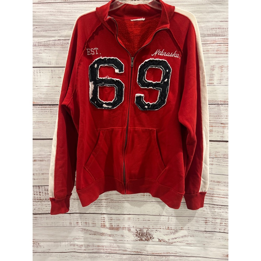 Vtg Nebraska Huskers Full Zip Sweatshirt Red White Stripe Distressed 69 Mens L